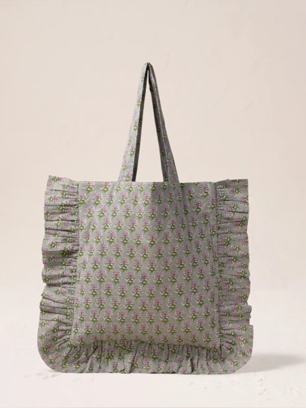 Elizabeth Scarlett Floral Ruffle Tote Bag in Lavender with embroidered shells.